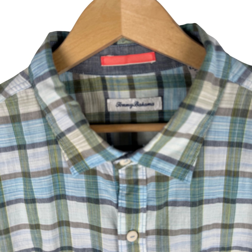 Tommy Bahama Short Sleeve Plaid Cotton Shirt Mens XL Button Down Blue Green